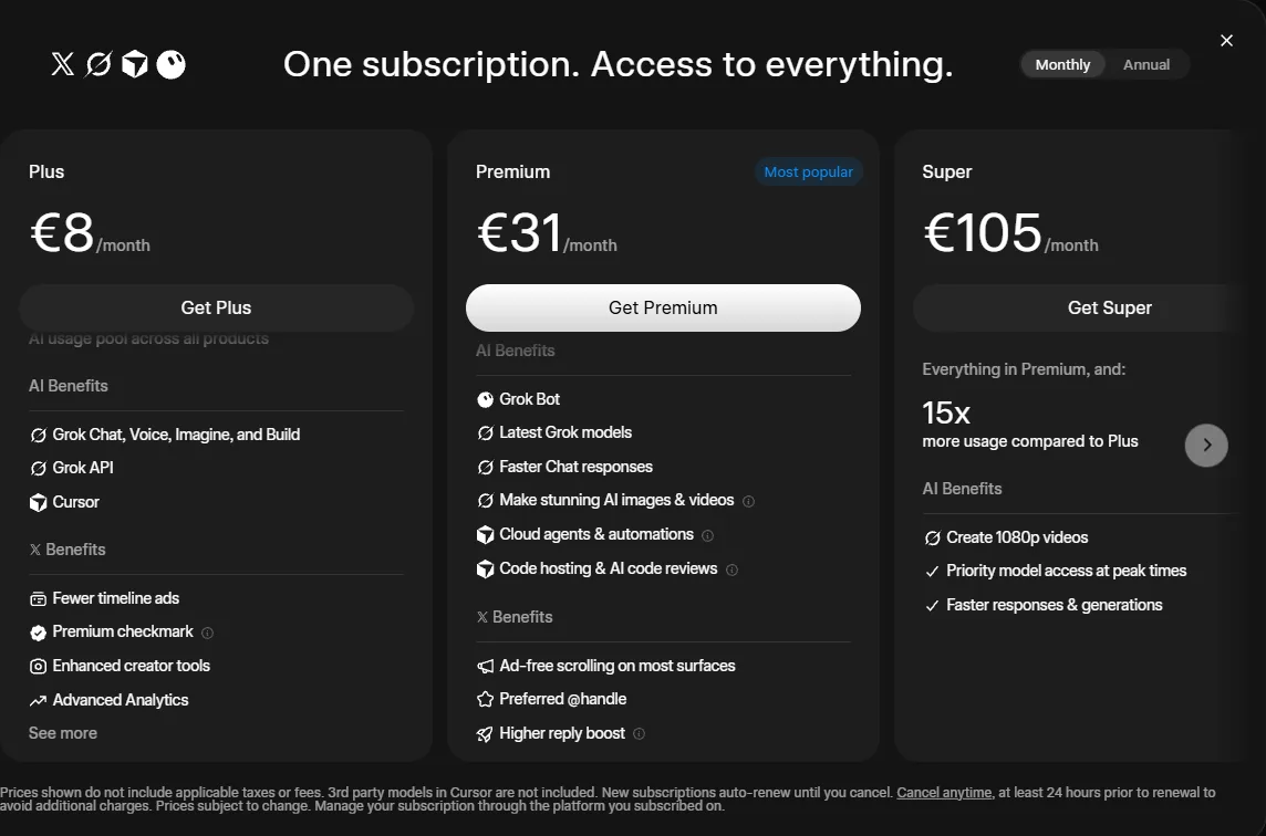 اشتراک گروک عوض شد؛ پلن ۳۰ دلاری حالا Cursor و X Premium+ هم دارد 2 صفحه خرید پلنهای Plus، Premium و Super گروک در grok.com با قیمت یورو