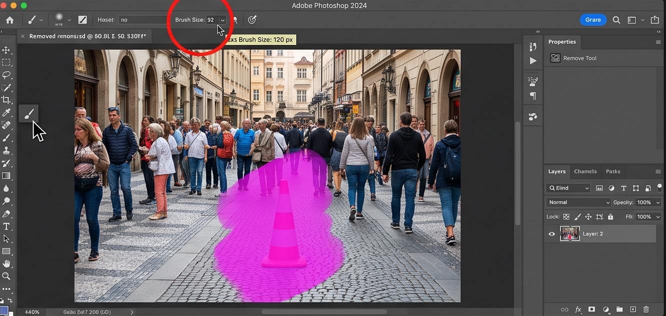 فتوشاپ عکس با هوش مصنوعی؛ آموزش ادیت تصاویر با قابلیتهای AI در Photoshop 3 Brush Size