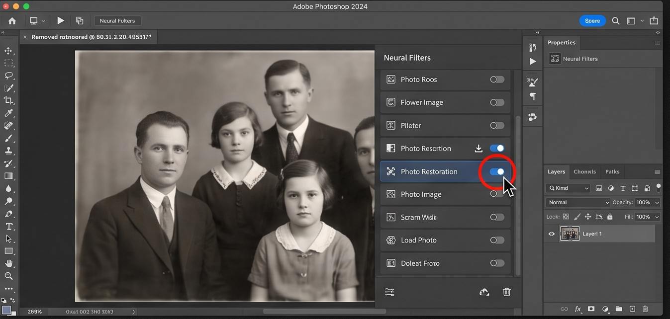 فتوشاپ عکس با هوش مصنوعی؛ آموزش ادیت تصاویر با قابلیتهای AI در Photoshop 7 بخش Restoration بروید و فیلتر Photo Restoration